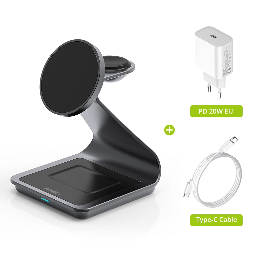 Bonola Cargador inalámbrico magnético 3 en 1 para iPhone 17/16/15/13/14/12 Estación de carga inalámbrica de 30 W para Apple Watch/AirPods Pro