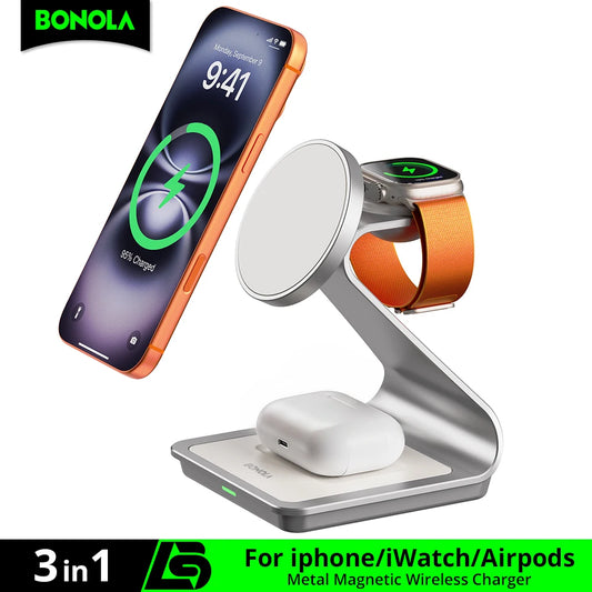 Bonola Cargador inalámbrico magnético 3 en 1 para iPhone 17/16/15/13/14/12 Estación de carga inalámbrica de 30 W para Apple Watch/AirPods Pro